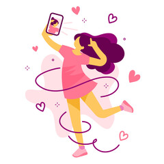 Vector romantic illustration of beautiful woman in dress with smart phone taking selfie with pink heart