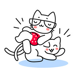 Vector illustration of fun cute cat character in glasses and red shorts lying on another cat