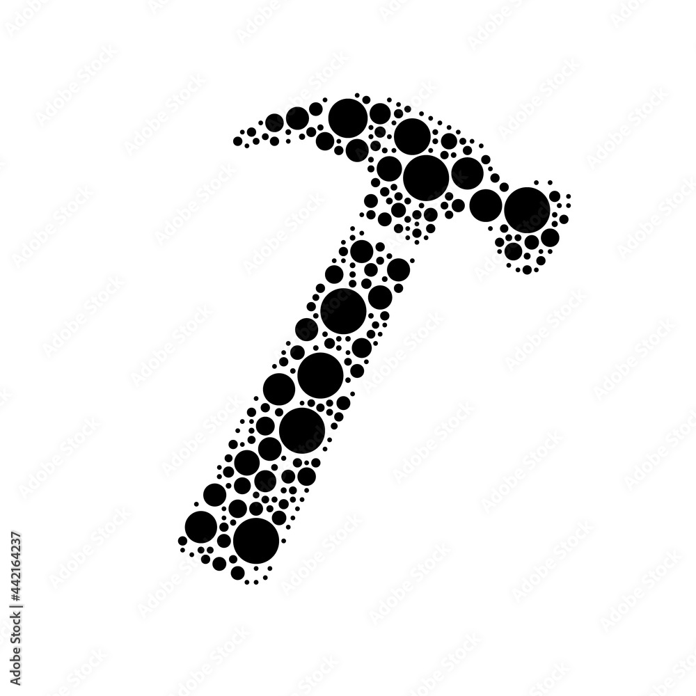 Poster a large hammer symbol in the center made in pointillism style. the center symbol is filled with blac