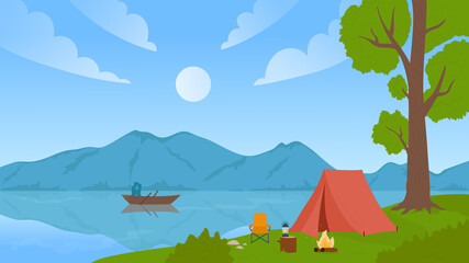 Mountain valley, lake nature landscape with travel camp, summer vacation tourism adventure vector illustration. Cartoon tent and campfire on bank of river or lake, tourist people in boat background