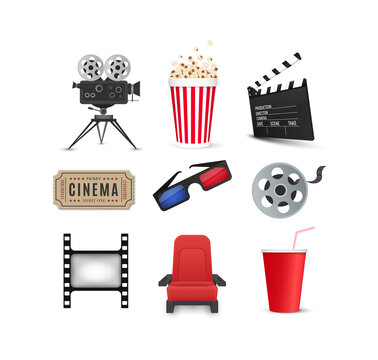 Cinema icons set isolated on white background. Film industry objects. Tickets, popcorn, film strip, 3d glasses, movie camera and seats.