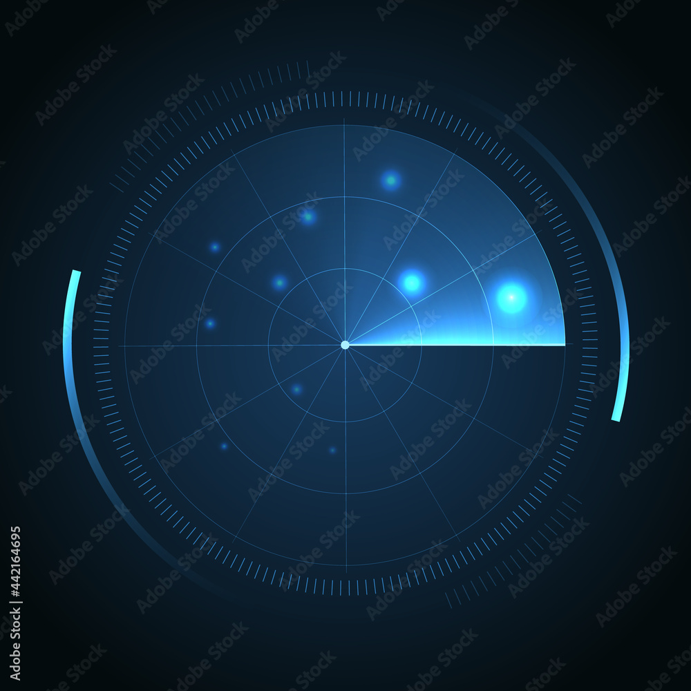Poster Radar Screen. Hud display. Vector Radar interface on dark background.