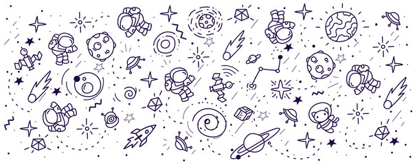 Vector abstract black and white kid space illustration, fun pattern with astronaut, star, planet