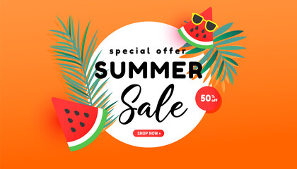 Summer sale banner in trendy style with tropical leaves and flying ripe watermelon slices in the air on bright orange background - obrazy, fototapety, plakaty