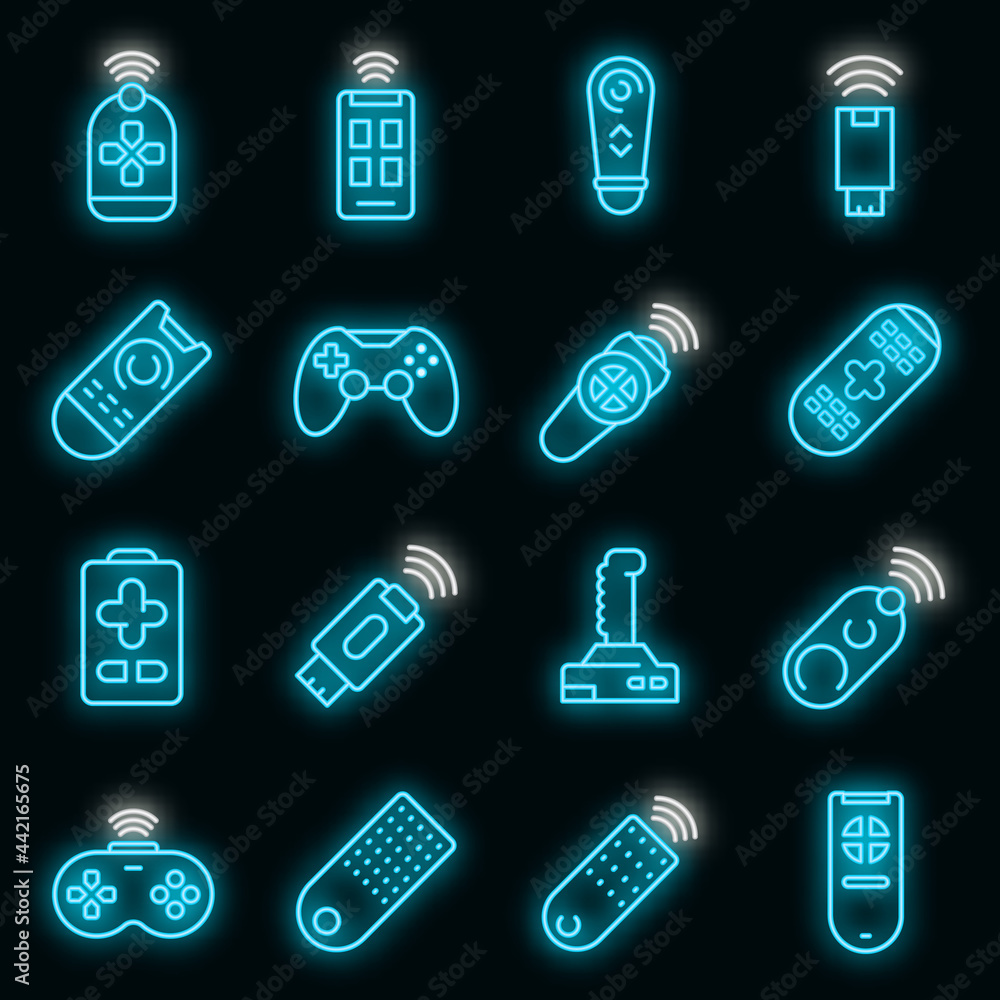 Aufkleber remote control icons set. outline set of remote control vector icons neon color on black