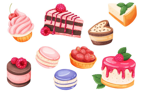 Cakes stickers set. Bundle of objects confectionery. Various cakes and pies with raspberries, strawberries and cherries, cookies and sweets. 3d illustration with isolated elements in realistic design