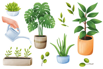 Green plants stickers set. Bundle of objects - potted houseplants, leaves, hand holding watering can. Gardening, greenery at home, planting. 3d illustration with isolated elements in realistic design