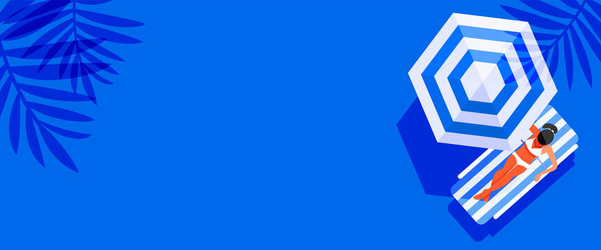 Summer sale banner on blue background with copy space. Summer beach flat design for banner, greeting card, poster and advertising, vector illustration