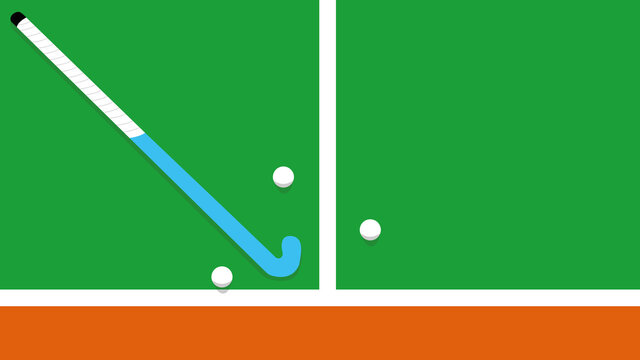 Top view illustration of hockey stick and balls on grass court. With copy space. Banner to announce hockey tournaments.