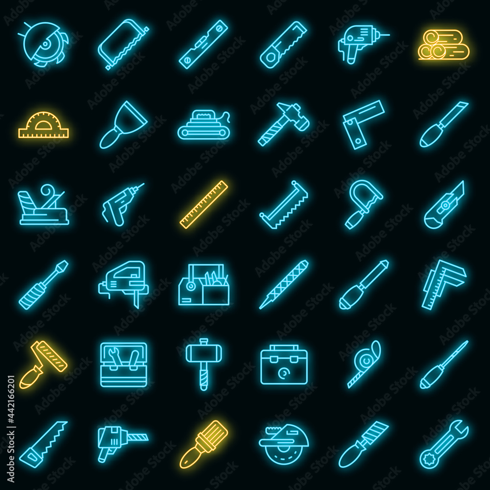 Aufkleber carpenter tools icons set. outline set of carpenter tools vector icons neon color on black