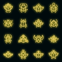 Scarab beetle icons set. Outline set of scarab beetle vector icons neon color on black