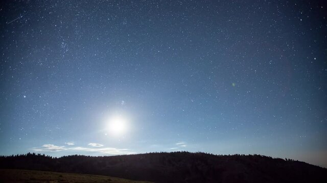 Nighttime time lapse of the stars moving across the sky as the moon rises. This was shot during the Perseid Meteor Shower, so on some frames you can see small shooting stars.