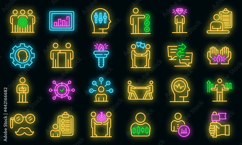 Poster personal traits icons set. outline set of personal traits vector icons neon color on black