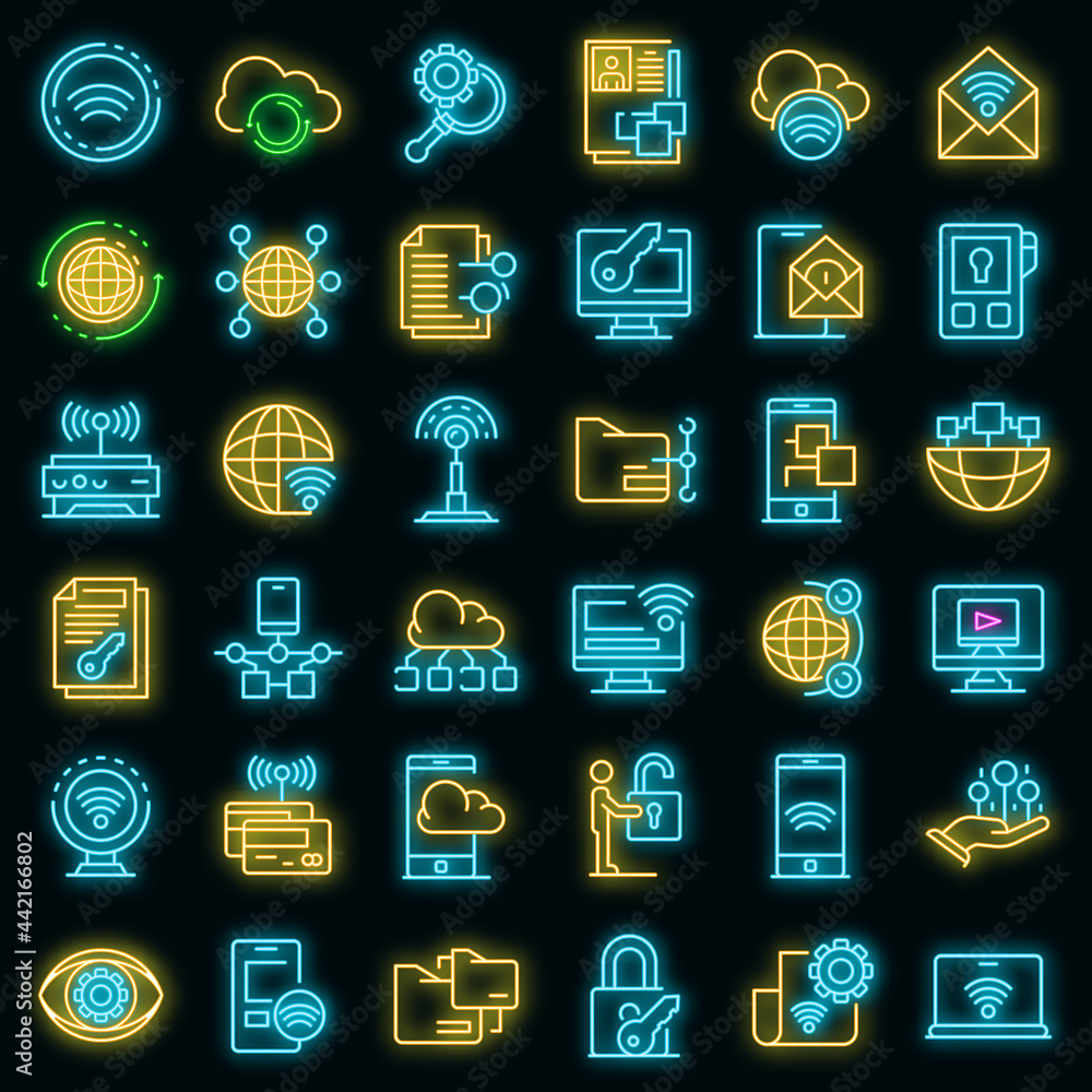 Poster remote access icons set. outline set of remote access vector icons neon color on black