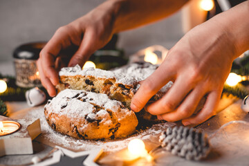 Traditional german stollen cake with Christmas decorations.