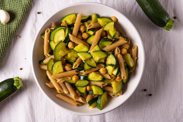 Penne pasta with chickpeas and zucchini. Good for a vegan diet