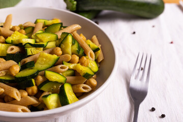 Penne pasta with chickpeas and zucchini. Good for a vegan diet