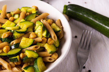 Penne pasta with chickpeas and zucchini. Good for a vegan diet