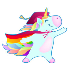 funny cartoon unicorn in student graduation hat and rainbow cloak hero on white background. vector illustration