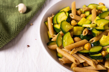 Penne pasta with chickpeas and zucchini. Good for a vegan diet