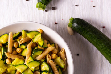 Penne pasta with chickpeas and zucchini. Good for a vegan diet