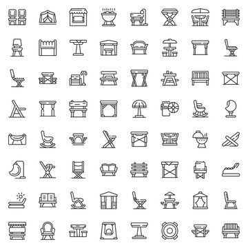 Outdoor furniture icons set outline vector. Garden deck. Patio table and bench