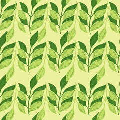 Botanic seamless pattern with simple leaves shapes print. Green colors. Floral botanic artwork.