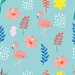 Naklejka premium summer seamless pattern with leaf,flamingo,hibiscus on green background