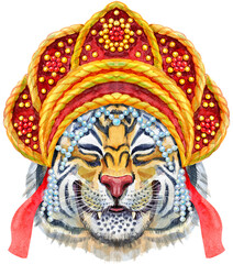 Colorful orange smiling tiger in Russian national headdress kokoshnik.