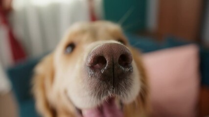 Golden retriever is sitting on the sofa in living room. Fluffy dog playing at home, big puppy waiting for his owner to go for a walk. Close-up of happy pet looking and sniffing, wet nose.  - Powered by Adobe