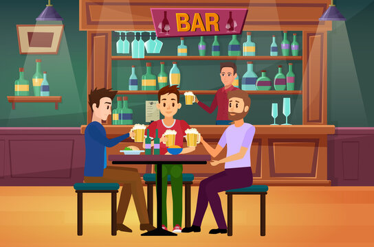 People friends drink beer in bar or pub vector illustration. Cartoon happy young man characters holding beer glasses, guys drinking, having fun, barman behind counter in restaurant interior background