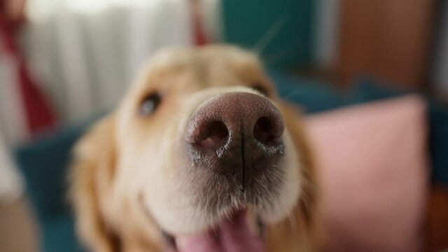 Golden retriever is sitting on the sofa in living room. Fluffy dog playing at home, big puppy waiting for his owner to go for a walk. Close-up of happy pet looking and sniffing, wet nose. 