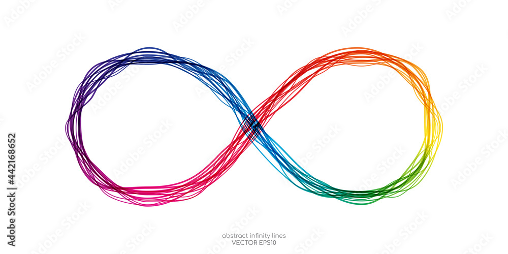 Poster infinity symbol by wavy lines colorful spectrum light isolated on white background in concept unlimi