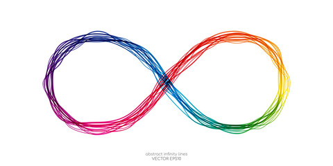 Infinity symbol by wavy lines colorful spectrum light isolated on white background in concept unlimited, technology, digital. - obrazy, fototapety, plakaty