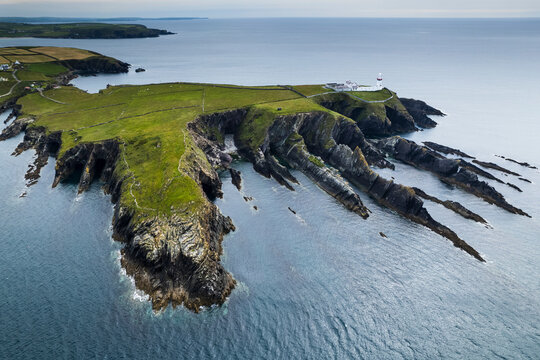 Aerial view of Galley Head Lighthouse in Rathbarry near Rosscarbery, County Cork, on the south coast of Ireland.