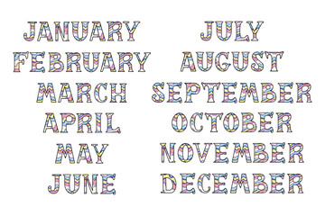 Multicolor striped handwritten names of months isolated on the white background. Vector illustration