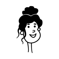 Simple minimal cartoon portrait of a young woman. Emotion of joy, happiness, pleasure on the girl's face. Black and white icon for profile image, avatar, sticker. Funny smiling human head. Clipart