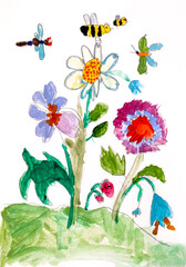 Flowers and insects. Child paint drawing.