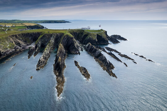 Aerial view of Galley Head Lighthouse in Rathbarry near Rosscarbery, County Cork, on the south coast of Ireland.