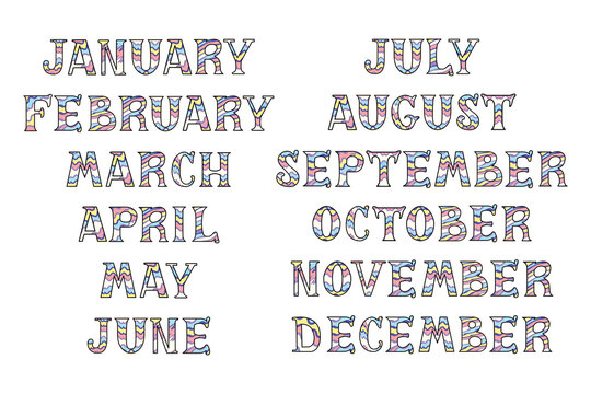Multicolor striped handwritten names of months isolated on the white background. Vector illustration