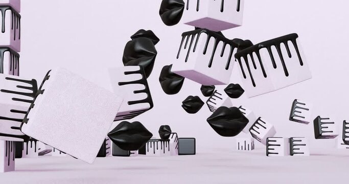 Creative Minimal 3d art. Animated stylish black lips. Make-up creative concept. Trendy color combination, 4k video.