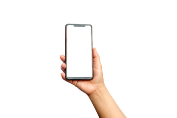 The hand is holding the white screen, the mobile phone is isolated on a white background with the clipping path.