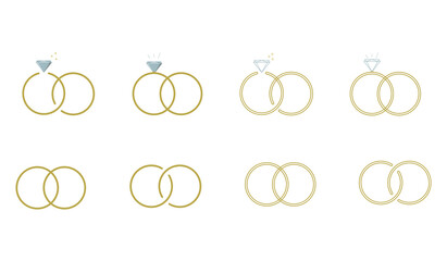Wedding ring with diamond icon vector. Pair of wedding rings for greeting cards, gift tags, labels, wedding sets. Two rings together. Bride and groom design. Wedding invitation card logo.