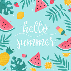Fototapeta na wymiar Hello summer. Summer fruits and tropical leaves on a light blue background
