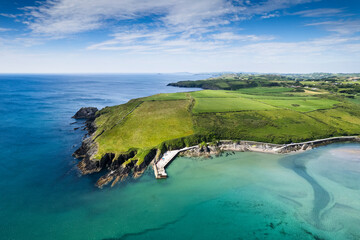 Aerial view of The Warren, a small sheltered beach backed by sand dunes located in Rosscarbery,...