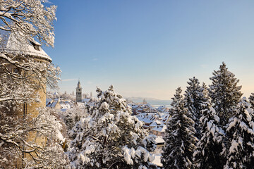 Deutschland, Baden-Württemberg, Bodensee, Überlingen am Bodensee, Winterlandschaft, Blick vom...