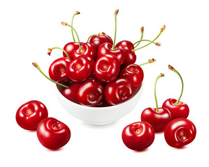 Bowl of sweet red cherries and scattered around isolated on white background. Package design element with clipping path
