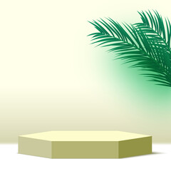 Blank hexagonal podium with palm leaves. Pedestal. Cosmetic products display platform. 3d render stage. Vector illustration.