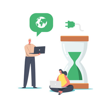 Tiny Business People at Huge Hourglass with Green Sand and Earth Globe. Refresh and Renew Concept, Restart Project