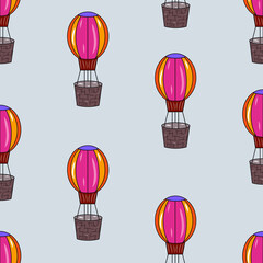 Air balloon pattern.  Colorful graphic. Children theme. Changeable background. Idea for decors, gifts, templates, papers, covers, wallpapers, celebration, birthday. Isolated vector on light blue. 